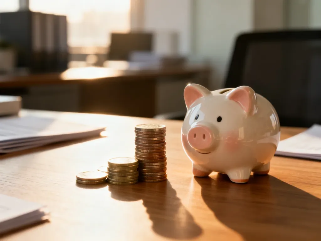 Uporządkowane biurko z monetami i skarbonką, symbolizujące planowanie finansowe i oszczędności w małej firmie.