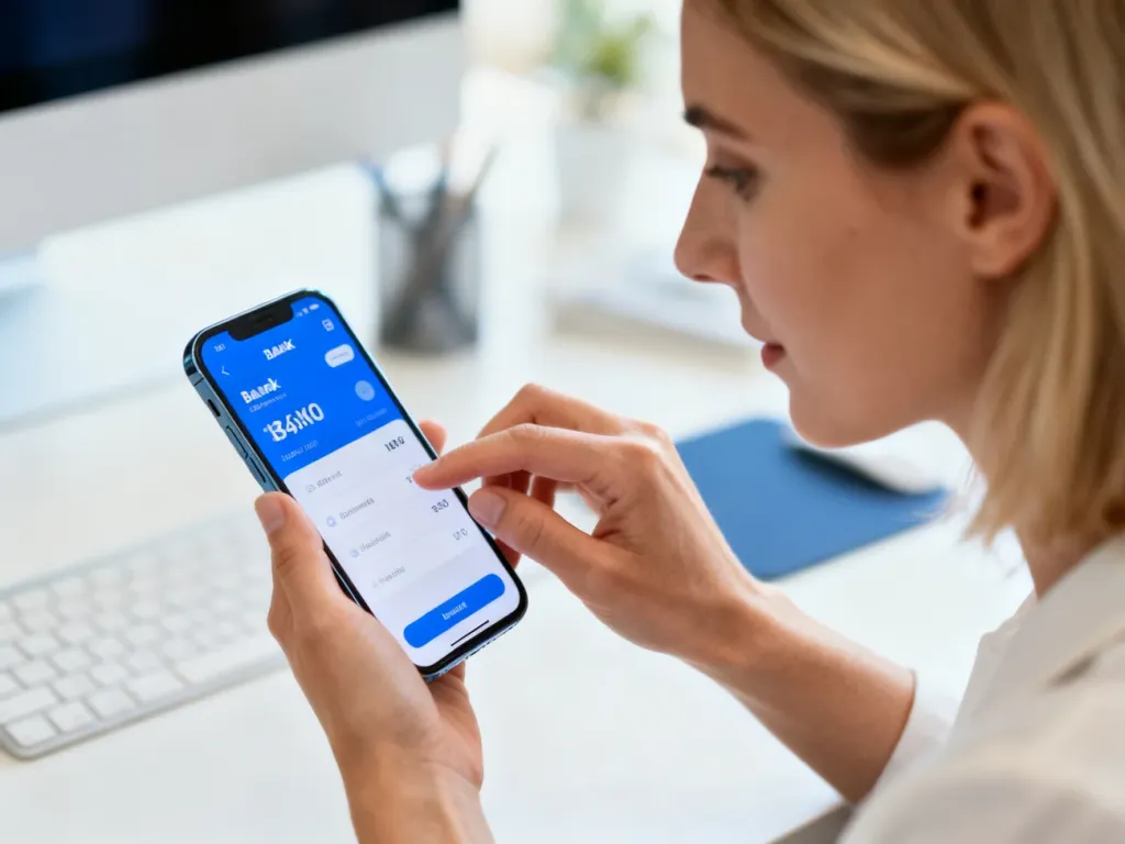 Kobieta korzystająca z aplikacji bankowej na smartfonie w jasnym domowym biurze.