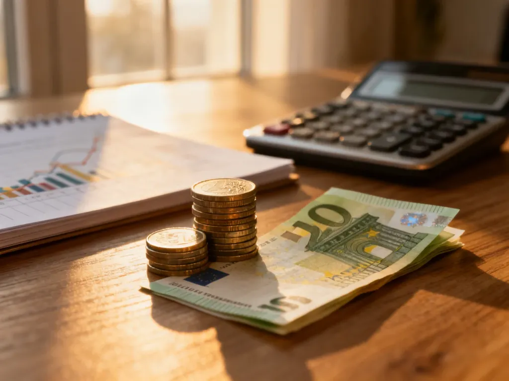 Stos monet i banknot oraz kalkulator na biurku, symbolizujące obliczenia finansowe i wynagrodzenie.