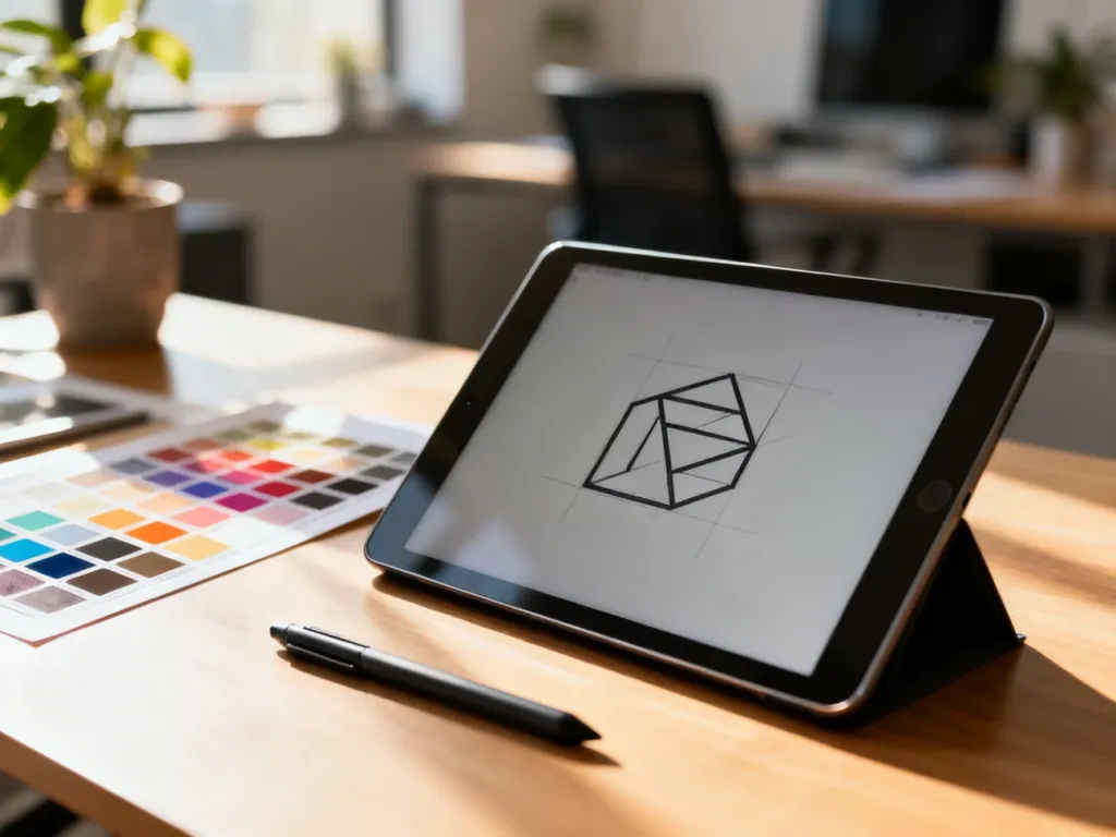 Profesjonalne stanowisko grafika z tabletem, na którym widać projekt minimalistycznego logo oraz próbnik kolorów.