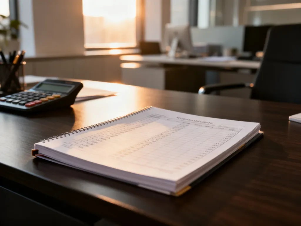 Księga rachunkowa na drewnianym biurku w profesjonalnym biurze, symbolizująca procesy księgowe i ewidencję środków trwałych.
