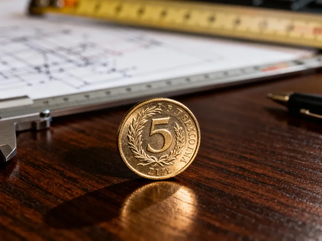 Moneta 5 złotych leżąca na drewnianym biurku obok wagi i planów technicznych, podkreślająca jej parametry fizyczne.