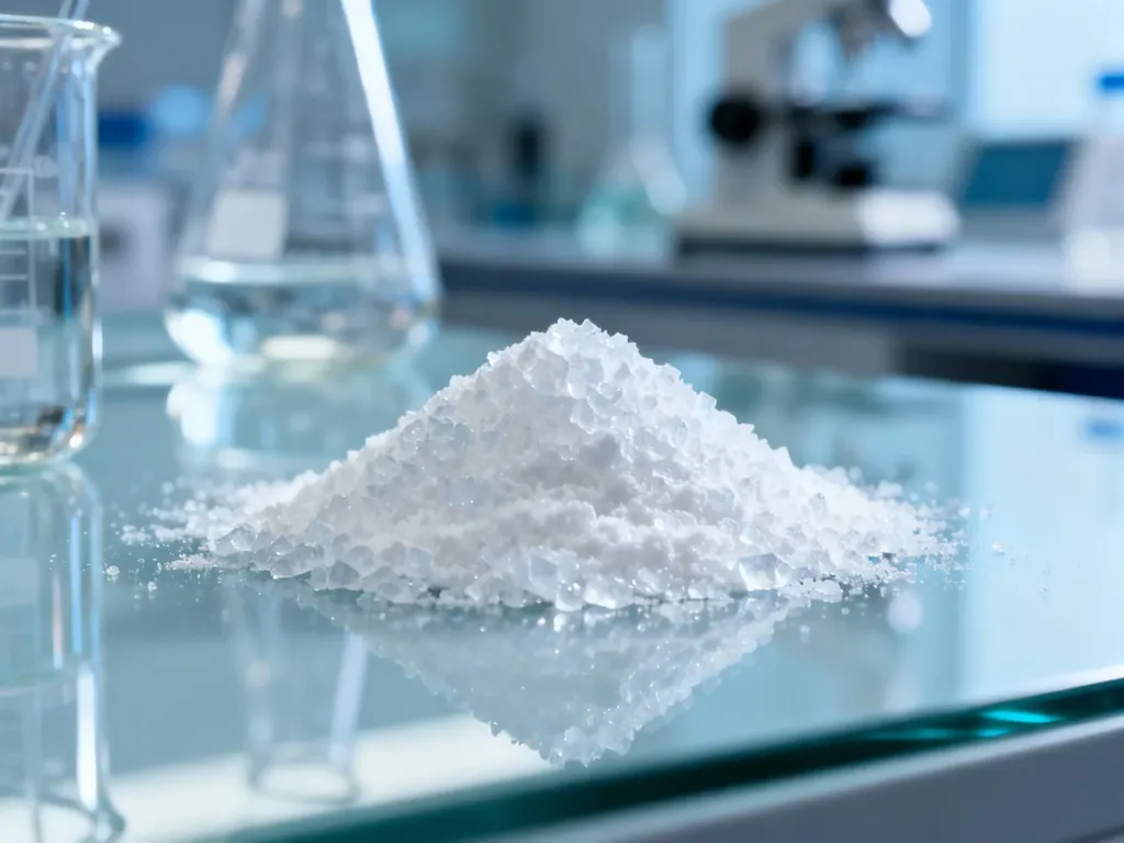 Krystaliczny proszek dodatku do żywności na szkiełku laboratoryjnym w profesjonalnym otoczeniu naukowym.