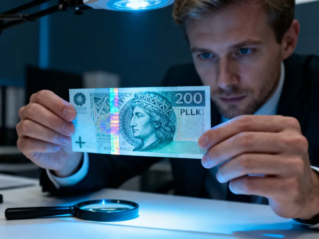 Mężczyzna sprawdza autentyczność banknotu 200 zł w świetle UV, skupiając się na znakach wodnych i pasku holograficznym.
