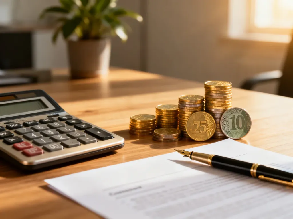 Kalkulator, monety oraz umowa z piórem na biurku, symbolizujące planowanie finansów i rozliczenia podatkowe.