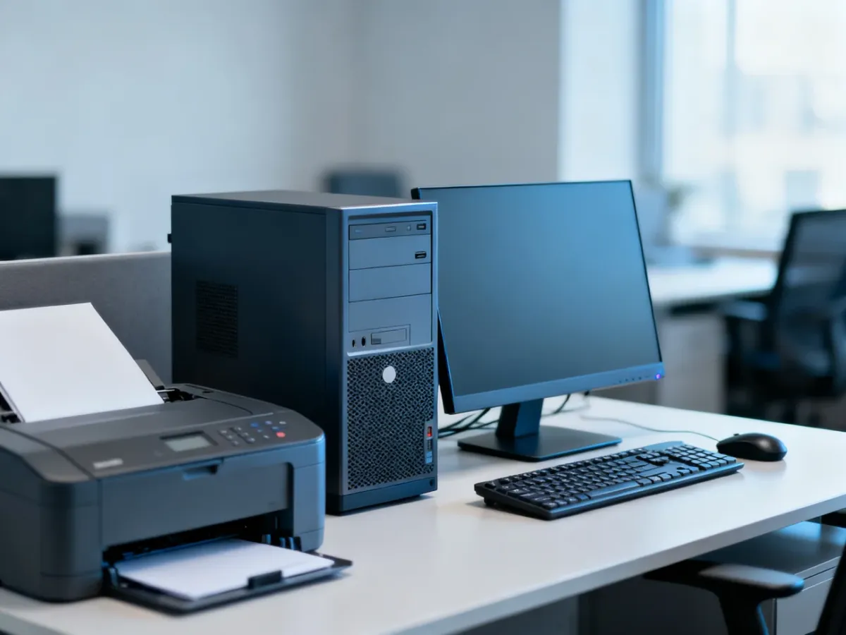 Kompletny zestaw komputerowy z monitorem, klawiaturą, myszą i drukarką na biurku